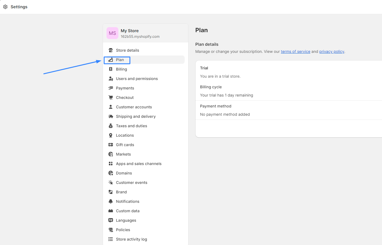 Navigate to Settings > Plan.